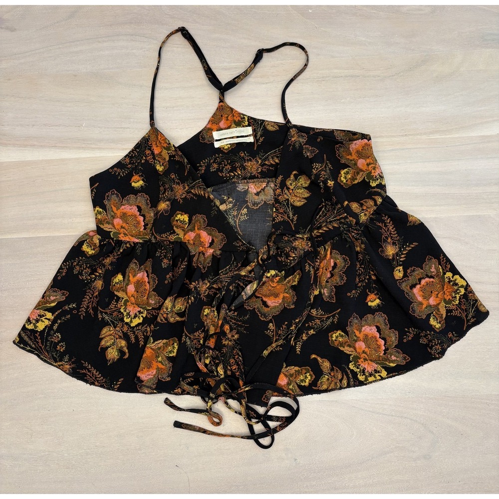 Urban Outfitters Black Floral Lace-Up Front Cami Tank Top Boho Babydoll Womens S